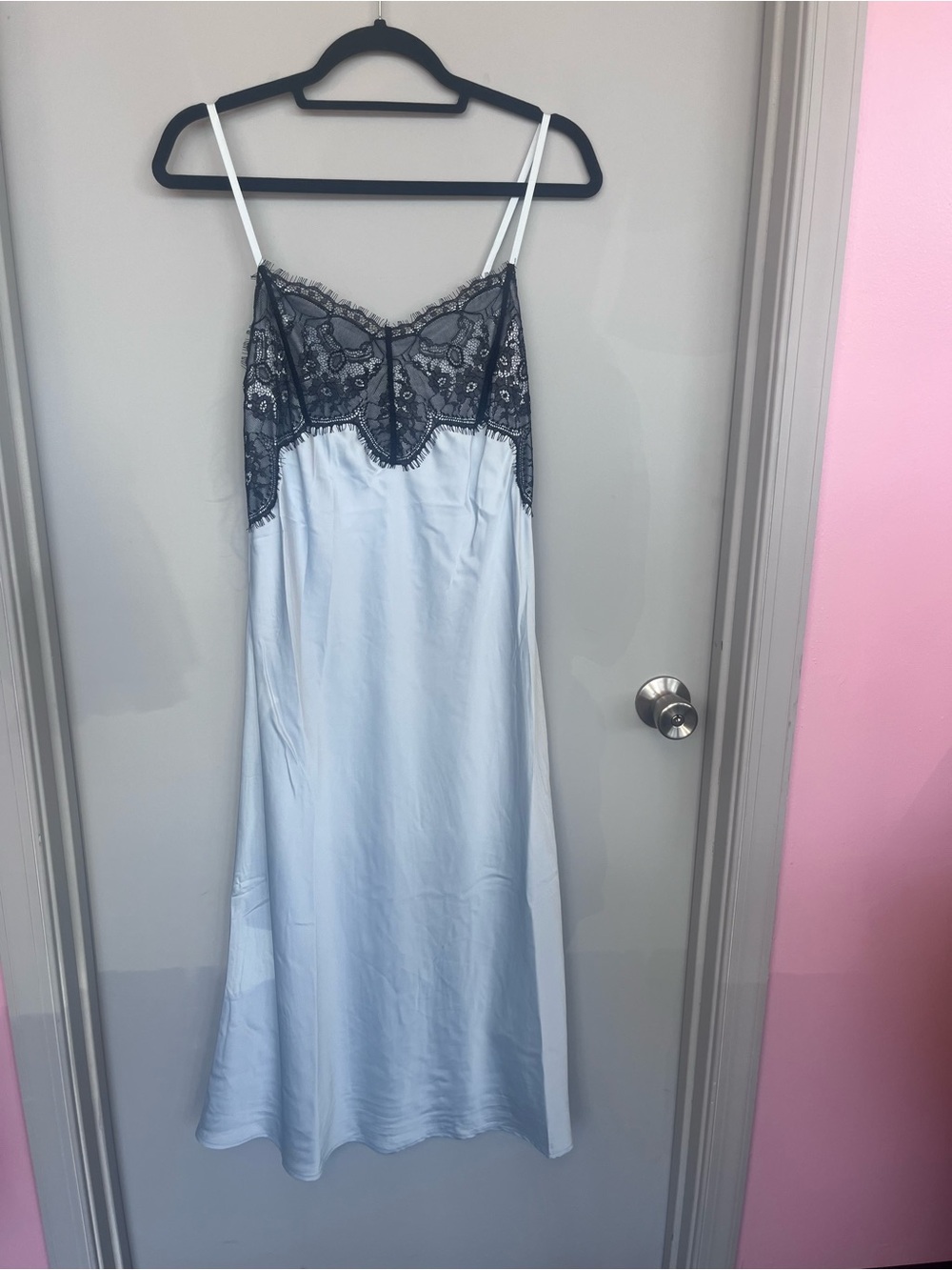 wild fable Light Blue Slip Dress with Black Lace Trim